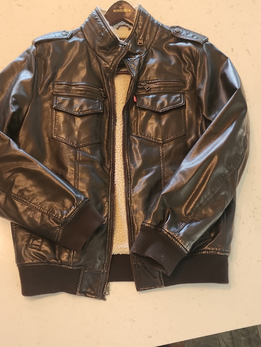 Levi's Men's Dark Brown Faux Leather Bomber Jacket with Cream Sherpa